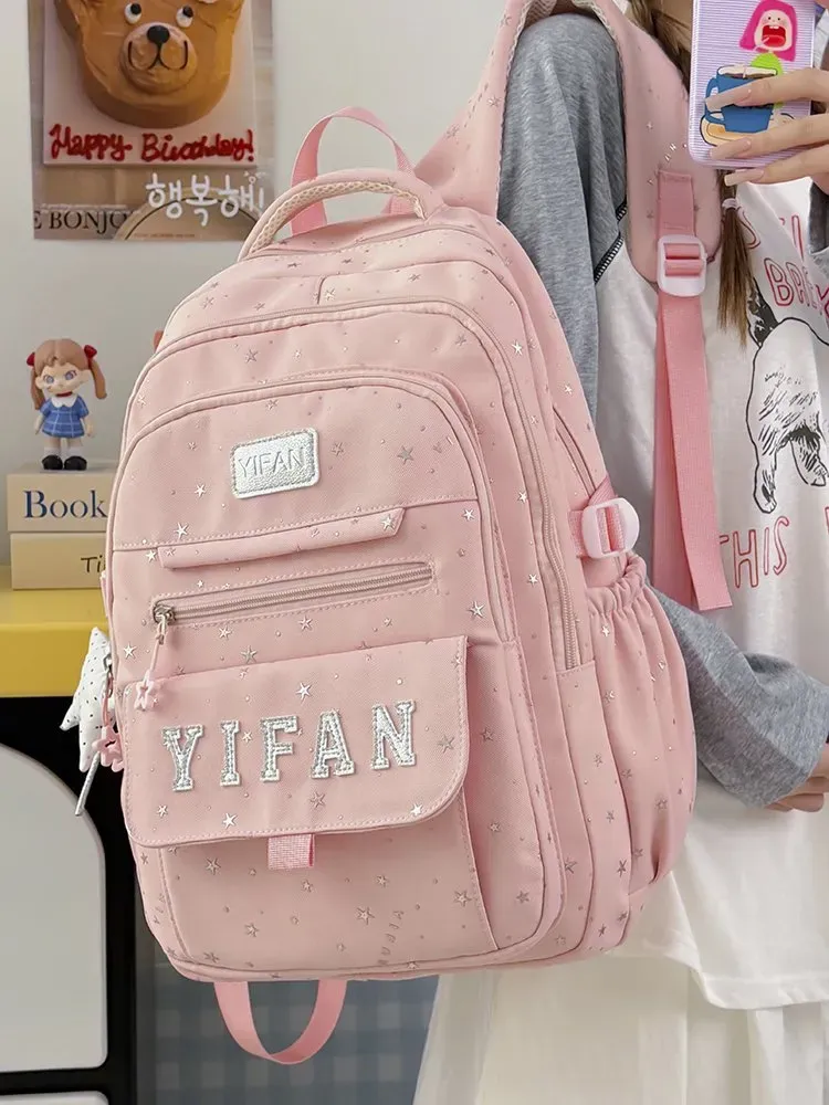 Tas Ransel Wanita Bahan Nylon Motif Bintang Bentuk Kotak Tali Lebar Resleting Grosir Import