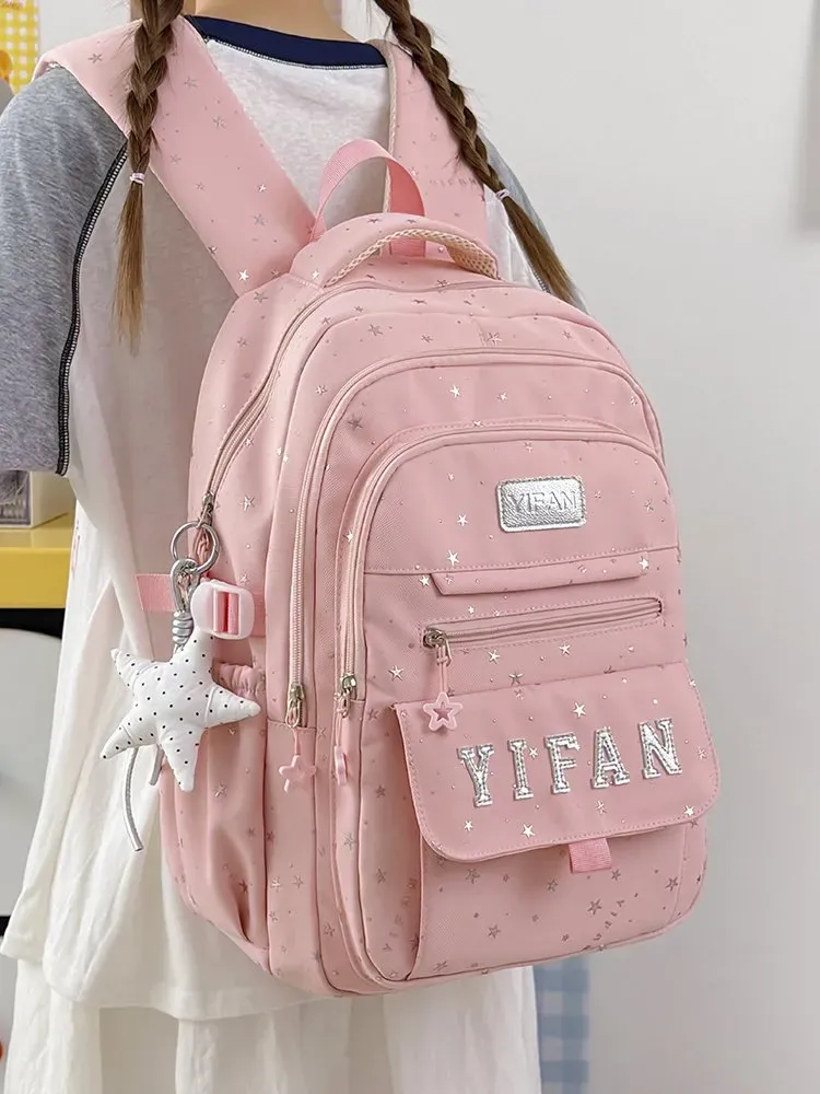 Tas Ransel Wanita Bahan Nylon Motif Bintang Bentuk Kotak Tali Lebar Resleting Grosir Import