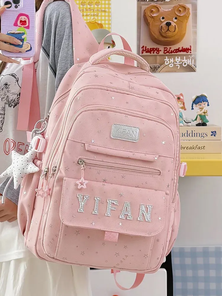 Tas Ransel Wanita Bahan Nylon Motif Bintang Bentuk Kotak Tali Lebar Resleting Grosir Import