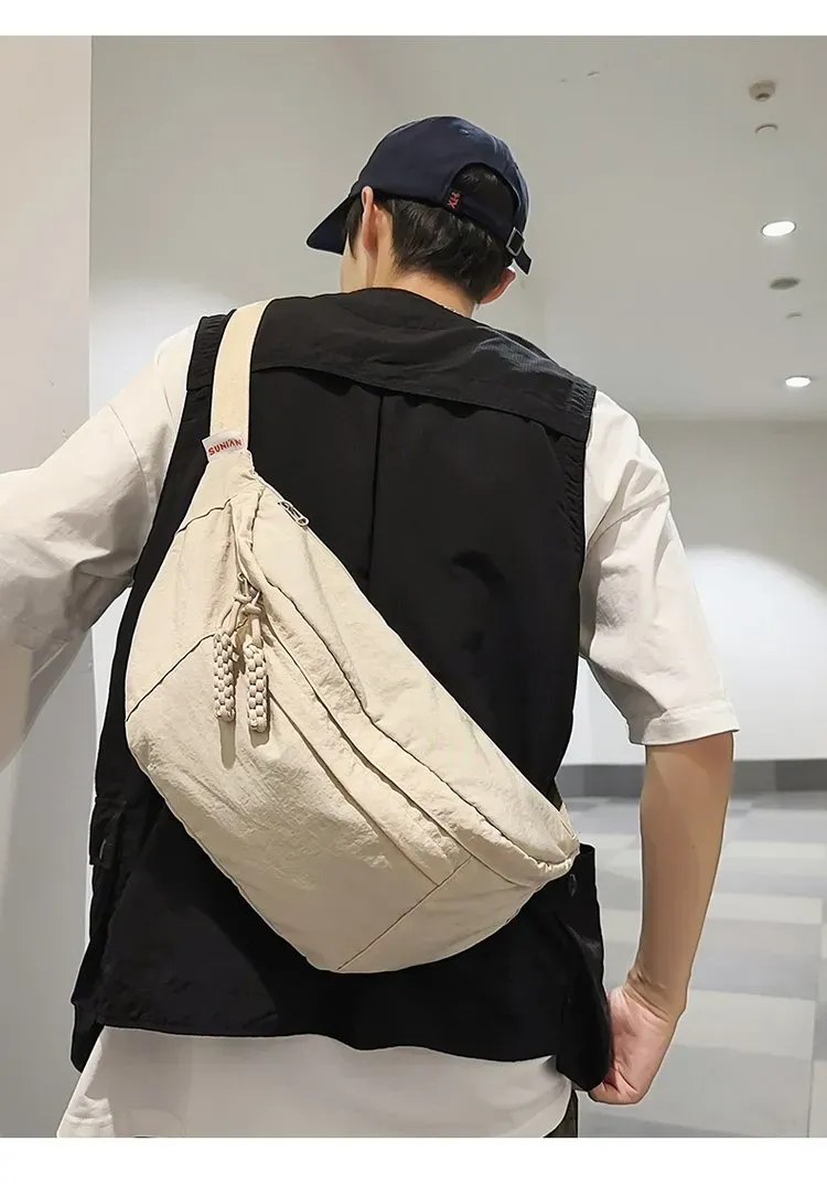 Tas Selempang Pria Bahan Kain Polos Warna Hitam Bentuk Kotak Tali Panjang Grosir Import