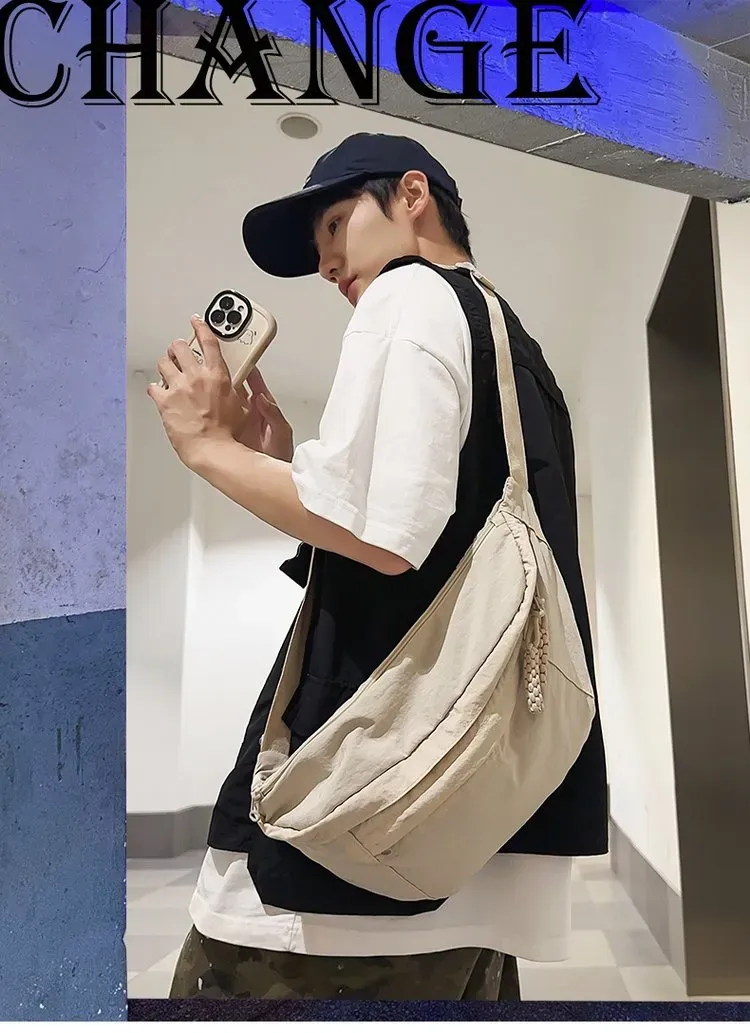 Tas Selempang Pria Bahan Kain Polos Warna Hitam Bentuk Kotak Tali Panjang Grosir Import