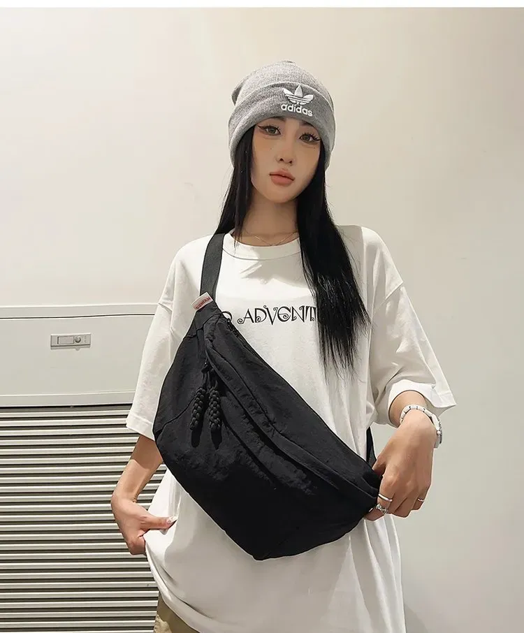 Tas Selempang Pria Bahan Kain Polos Warna Hitam Bentuk Kotak Tali Panjang Grosir Import