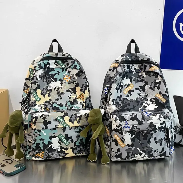 Tas Ransel Pria Bahan Nylon Motif Camouflage Warna Hitam Bentuk Kotak Tali Grosir Import
