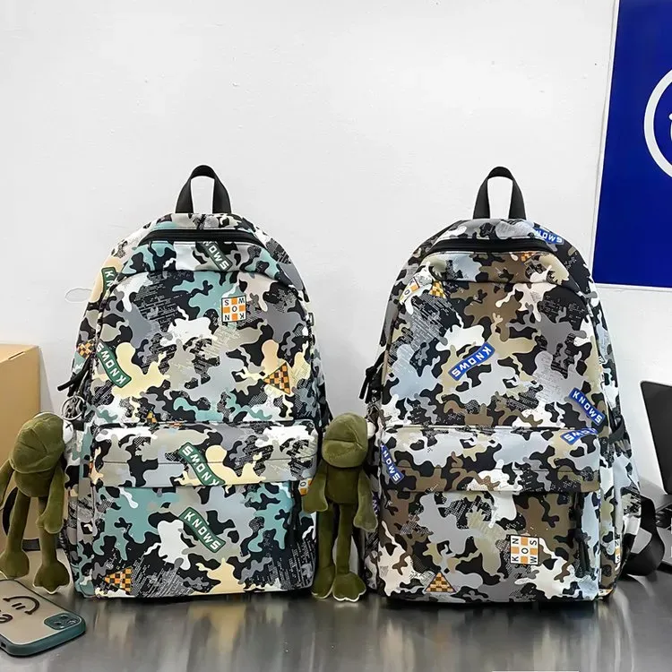 Tas Ransel Pria Bahan Nylon Motif Camouflage Warna Hitam Bentuk Kotak Tali Grosir Import
