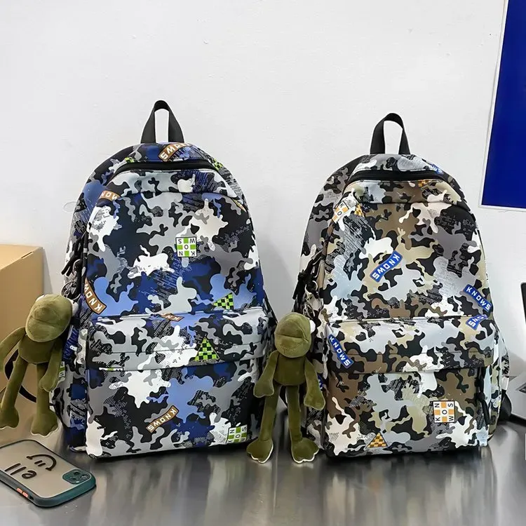 Tas Ransel Pria Bahan Nylon Motif Camouflage Warna Hitam Bentuk Kotak Tali Grosir Import