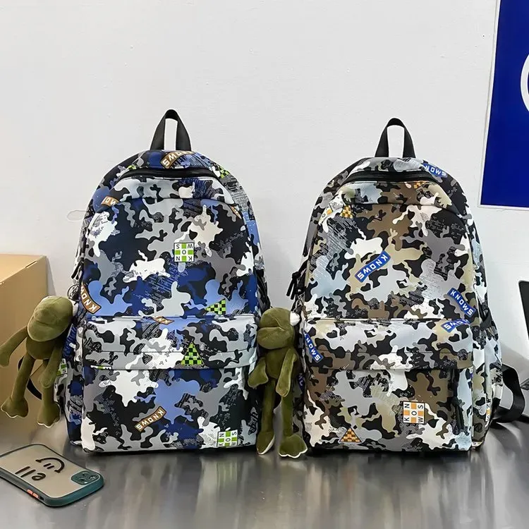 Tas Ransel Pria Bahan Nylon Motif Camouflage Warna Hitam Bentuk Kotak Tali Grosir Import