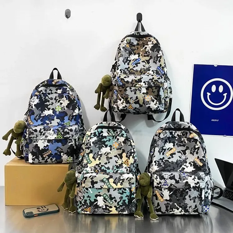 Tas Ransel Pria Bahan Nylon Motif Camouflage Warna Hitam Bentuk Kotak Tali Grosir Import
