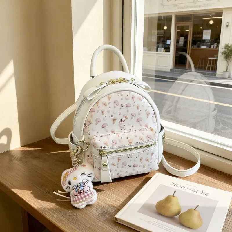 Tas Ransel Wanita Bahan PU Sintetis Motif Floral Warna Putih Bentuk Kotak Tali Grosir Import