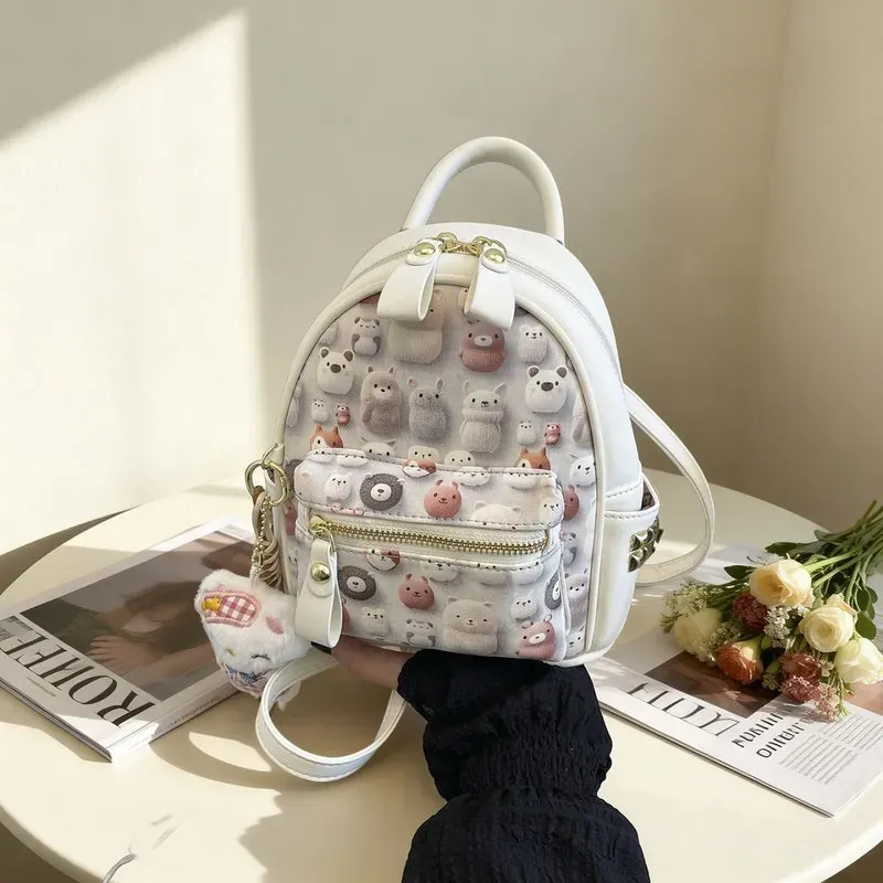 Tas Ransel Wanita Bahan PU Sintetis Motif Floral Warna Putih Bentuk Kotak Tali Grosir Import