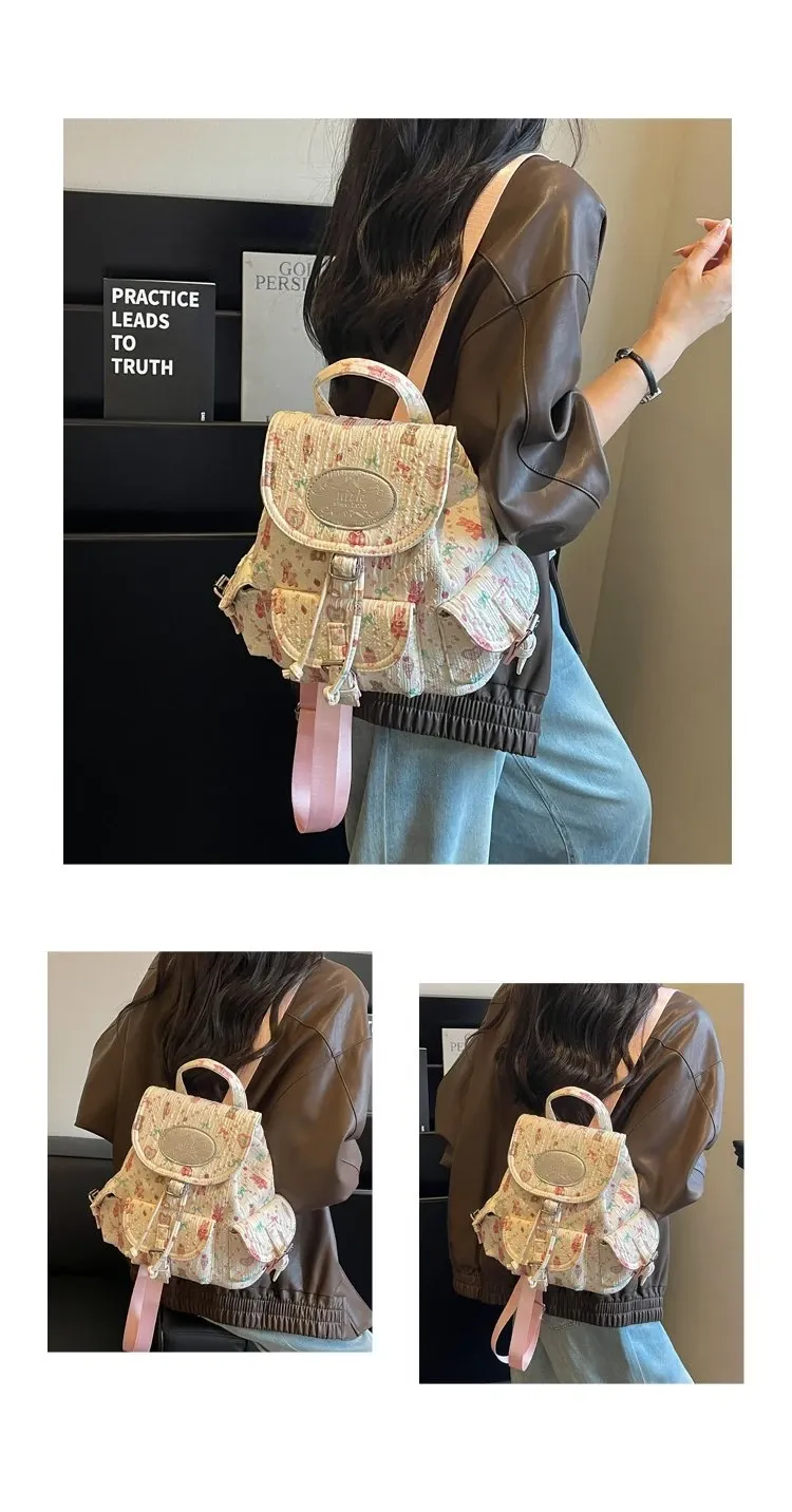 Tas Ransel Wanita Bahan PU Sintetis Motif Print Warna Pink Bentuk Kotak Tali untuk Reseller