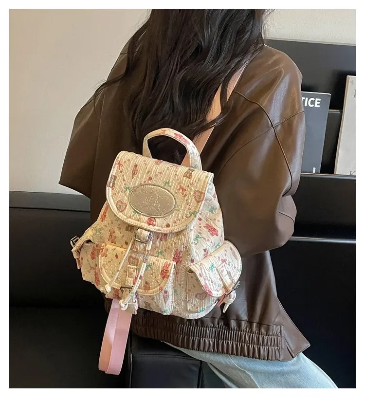 Tas Ransel Wanita Bahan PU Sintetis Motif Print Warna Pink Bentuk Kotak Tali untuk Reseller