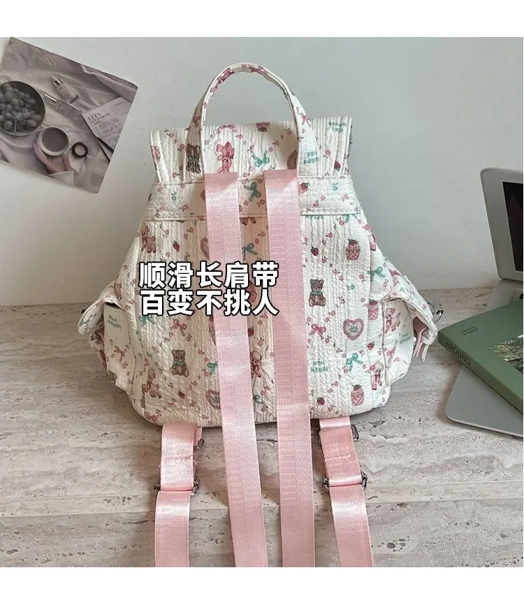 Tas Ransel Wanita Bahan PU Sintetis Motif Print Warna Pink Bentuk Kotak Tali untuk Reseller