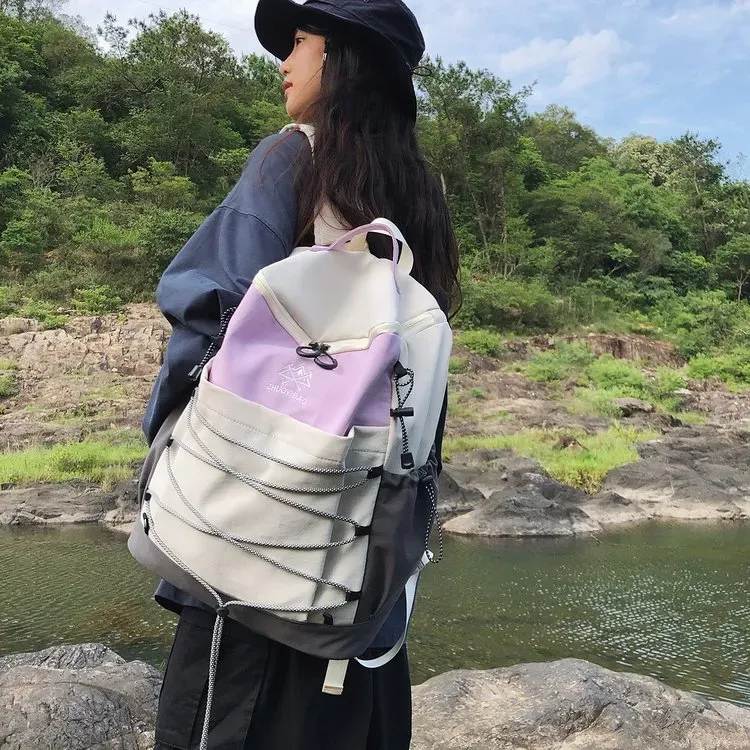 Tas Ransel Wanita Bahan Nylon Polos Bentuk Kotak Tali Lebar Resleting Kapasitas Besar Grosir