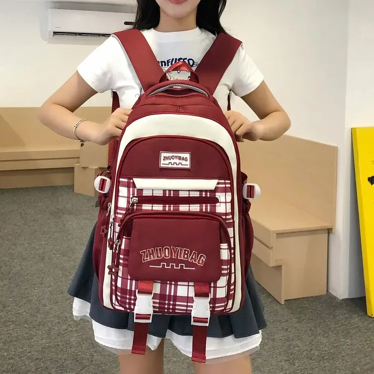 Tas Ransel Wanita Bahan Nylon Polos Bentuk Kotak Tali Lebar Resleting Kapasitas Besar Grosir