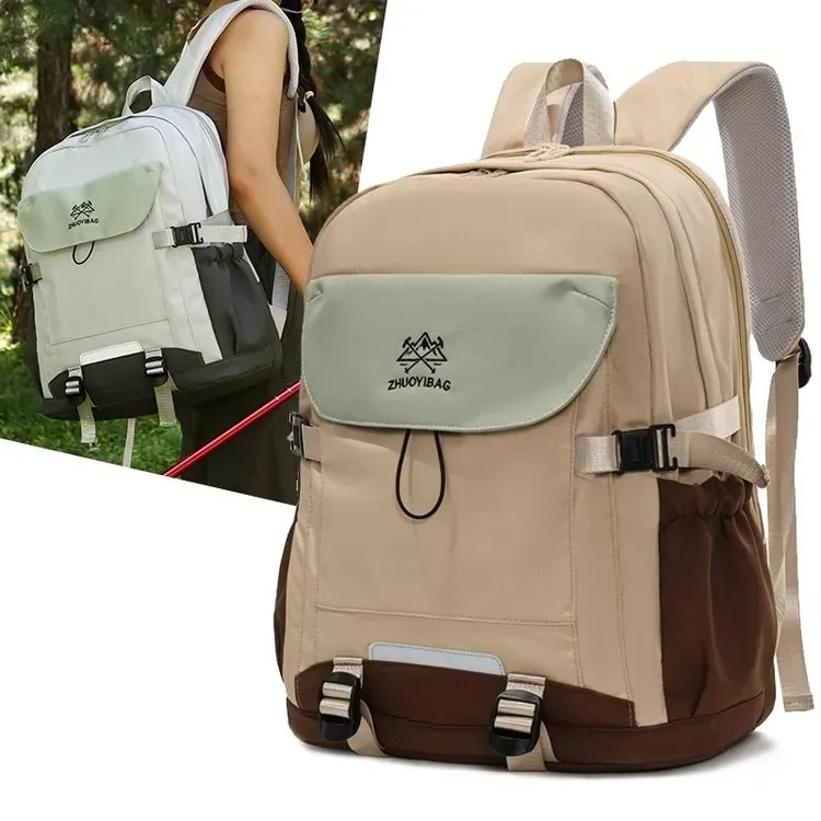 Tas Ransel Wanita Bahan Nylon Polos Bentuk Kotak Tali Lebar Resleting Kapasitas Besar Grosir