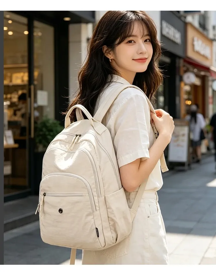 Tas Ransel Wanita Bahan Nylon Polos Bentuk Kotak Tali Lebar Resleting Katalog Grosir