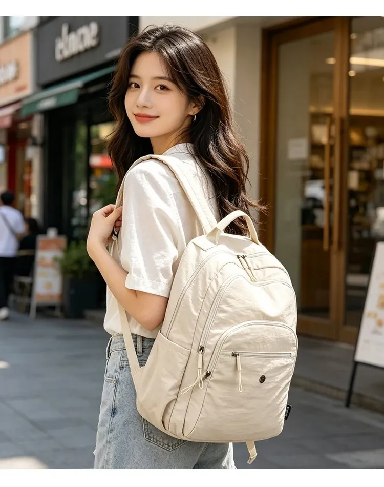 Tas Ransel Wanita Bahan Nylon Polos Bentuk Kotak Tali Lebar Resleting Katalog Grosir