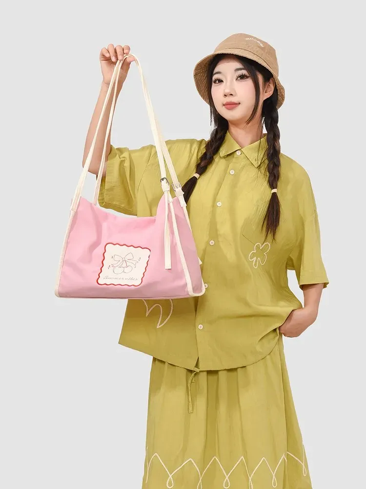 Tas Selempang Wanita Bahan Nylon Motif Print Warna Pink Model Hobo Tali Panjang Grosir Import