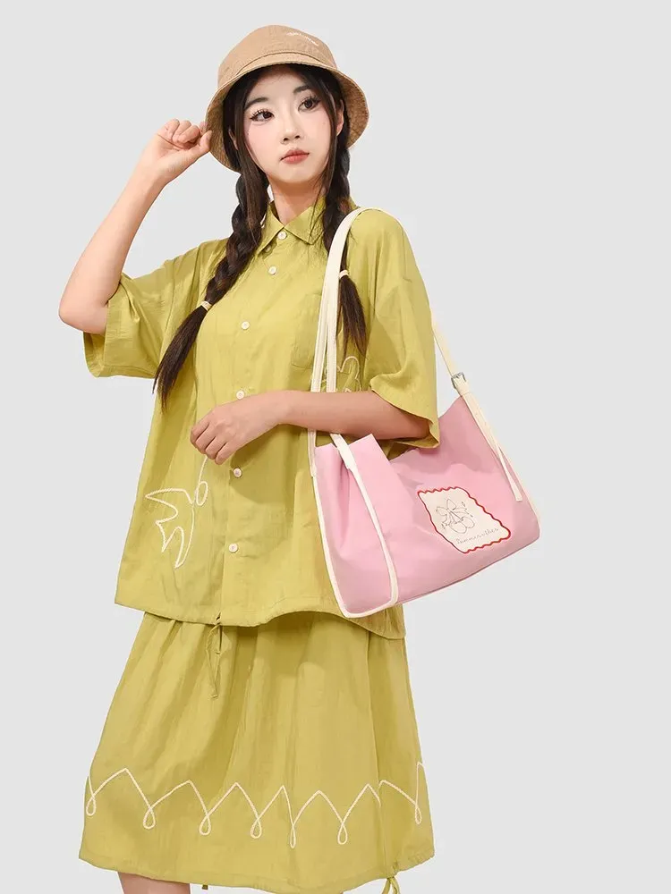 Tas Selempang Wanita Bahan Nylon Motif Print Warna Pink Model Hobo Tali Panjang Grosir Import