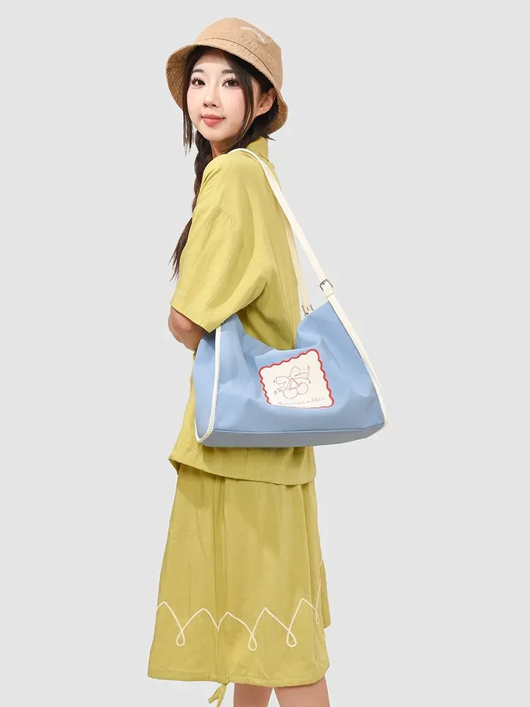 Tas Selempang Wanita Bahan Nylon Motif Print Warna Pink Model Hobo Tali Panjang Grosir Import