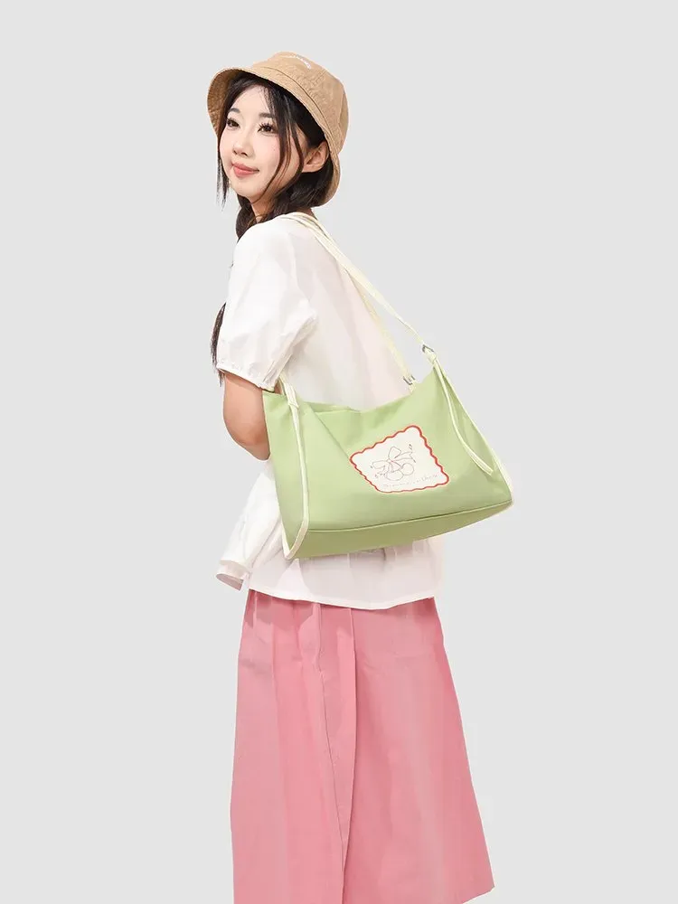Tas Selempang Wanita Bahan Nylon Motif Print Warna Pink Model Hobo Tali Panjang Grosir Import