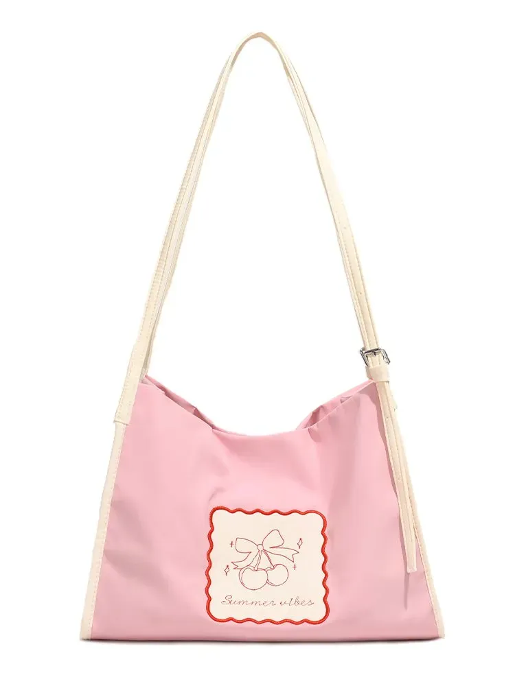 Tas Selempang Wanita Bahan Nylon Motif Print Warna Pink Model Hobo Tali Panjang Grosir Import