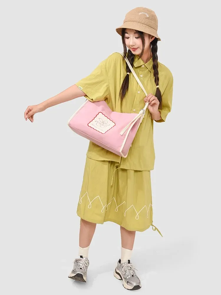 Tas Selempang Wanita Bahan Nylon Motif Print Warna Pink Model Hobo Tali Panjang Grosir Import