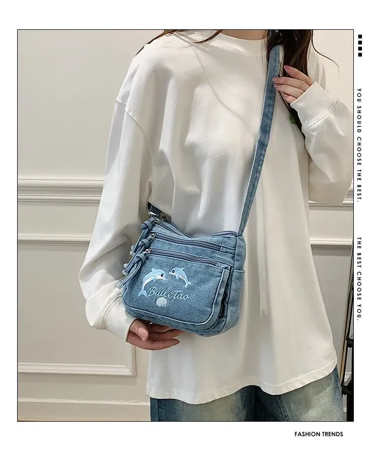 Tas Selempang Wanita Bahan PU Sintetis Motif Print Warna Biru Bentuk Kotak Tali Model Import