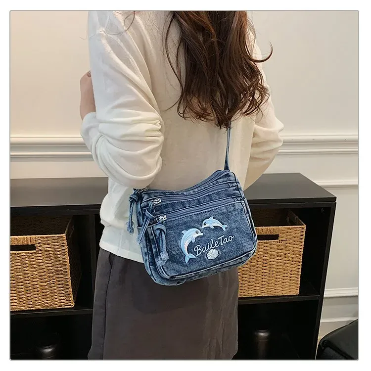 Tas Selempang Wanita Bahan PU Sintetis Motif Print Warna Biru Bentuk Kotak Tali Model Import