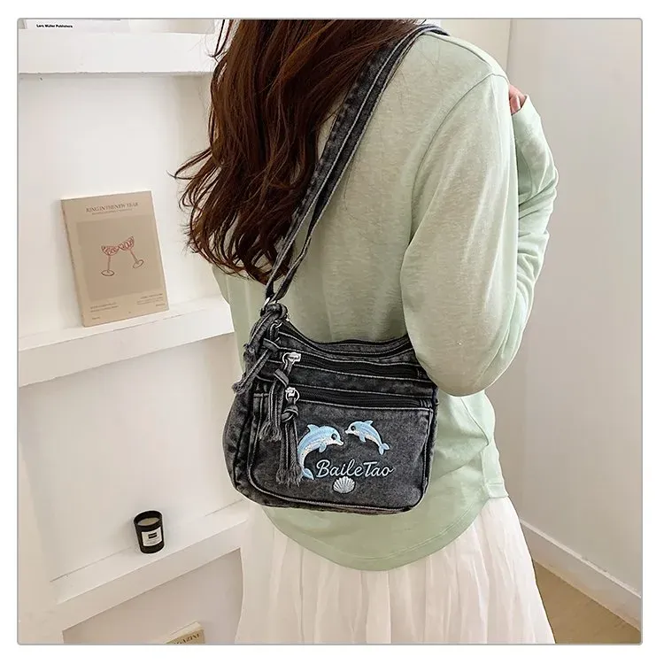 Tas Selempang Wanita Bahan PU Sintetis Motif Print Warna Biru Bentuk Kotak Tali Model Import