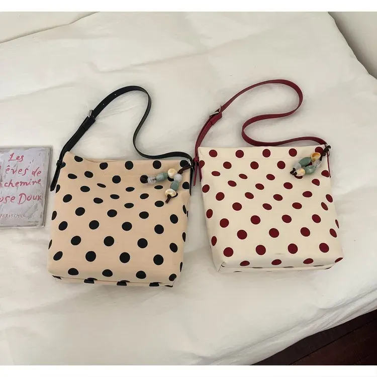 Tas Selempang Wanita Bahan PU Sintetis Motif Polkadot Warna Hitam Bentuk Kotak untuk Toko