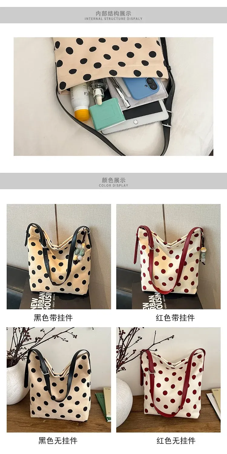Tas Selempang Wanita Bahan PU Sintetis Motif Polkadot Warna Hitam Bentuk Kotak untuk Toko