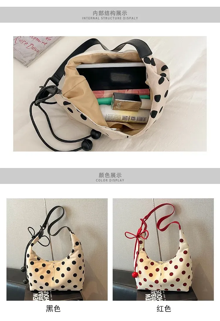 Tas Selempang Wanita Bahan PU Sintetis Motif Polkadot Warna Hitam Model Hobo Stok Grosir