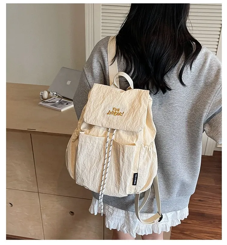 Tas Ransel Wanita Bahan Nylon Polos Bentuk Kotak Tali Lebar Resleting Casual Grosir Import