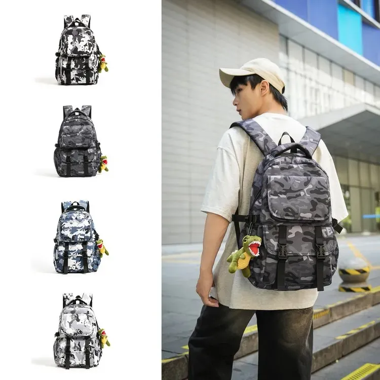 Tas Ransel Wanita Bahan Oxford Motif Print Bentuk Kotak Tali Lebar Resleting Dengan Gantungan