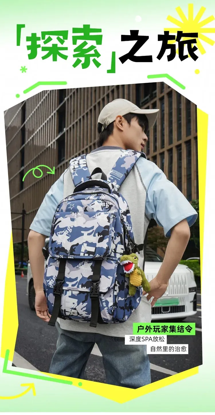 Tas Ransel Wanita Bahan Oxford Motif Print Bentuk Kotak Tali Lebar Resleting Dengan Gantungan