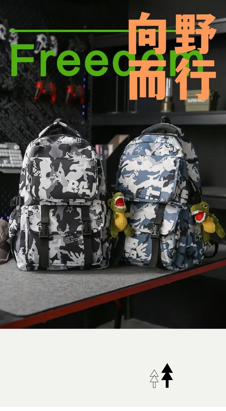 Tas Ransel Wanita Bahan Oxford Motif Print Bentuk Kotak Tali Lebar Resleting Dengan Gantungan