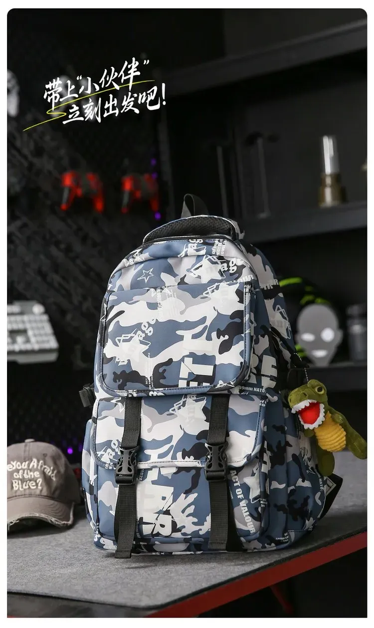 Tas Ransel Wanita Bahan Oxford Motif Print Bentuk Kotak Tali Lebar Resleting Dengan Gantungan