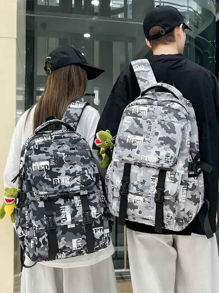 Tas Ransel Wanita Bahan Nylon Motif Camouflage Warna Hitam Bentuk Kotak Tali Grosir Import