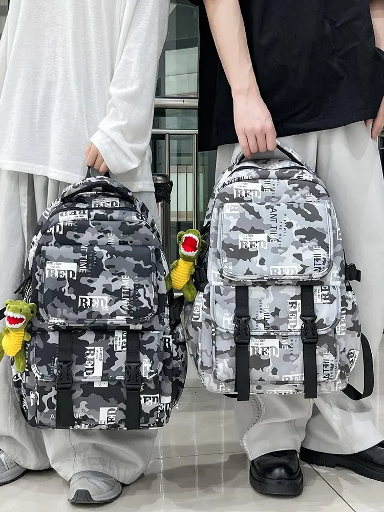 Tas Ransel Wanita Bahan Nylon Motif Camouflage Warna Hitam Bentuk Kotak Tali Grosir Import