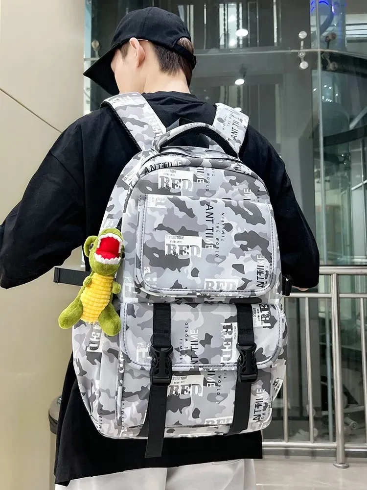 Tas Ransel Wanita Bahan Nylon Motif Camouflage Warna Hitam Bentuk Kotak Tali Grosir Import