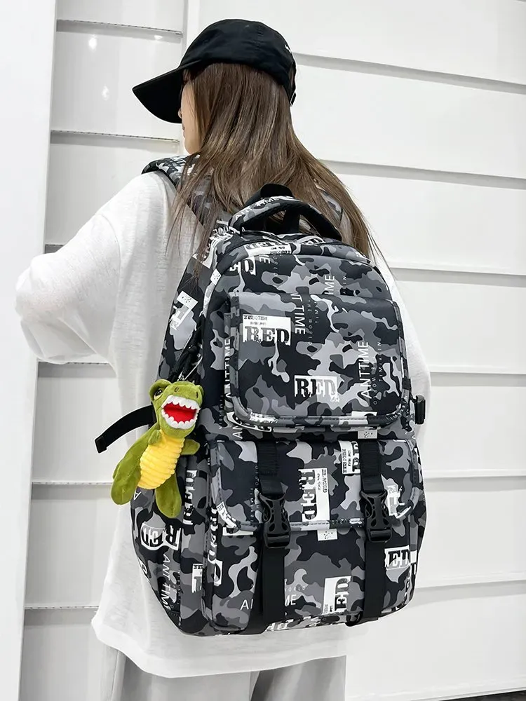 Tas Ransel Wanita Bahan Nylon Motif Camouflage Warna Hitam Bentuk Kotak Tali Grosir Import