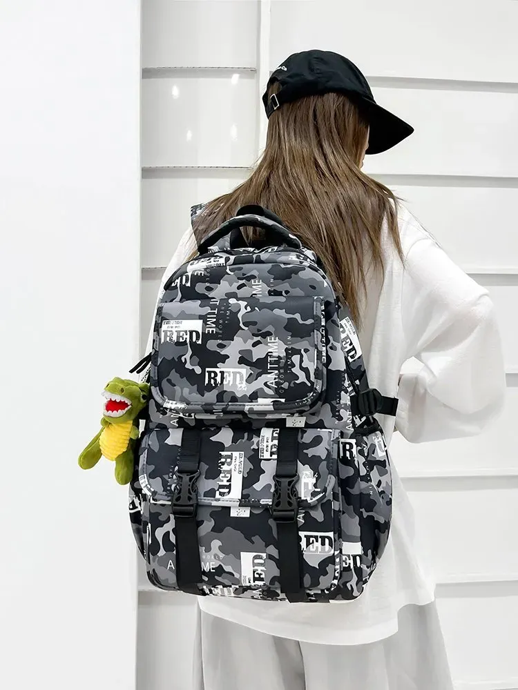 Tas Ransel Wanita Bahan Nylon Motif Camouflage Warna Hitam Bentuk Kotak Tali Grosir Import