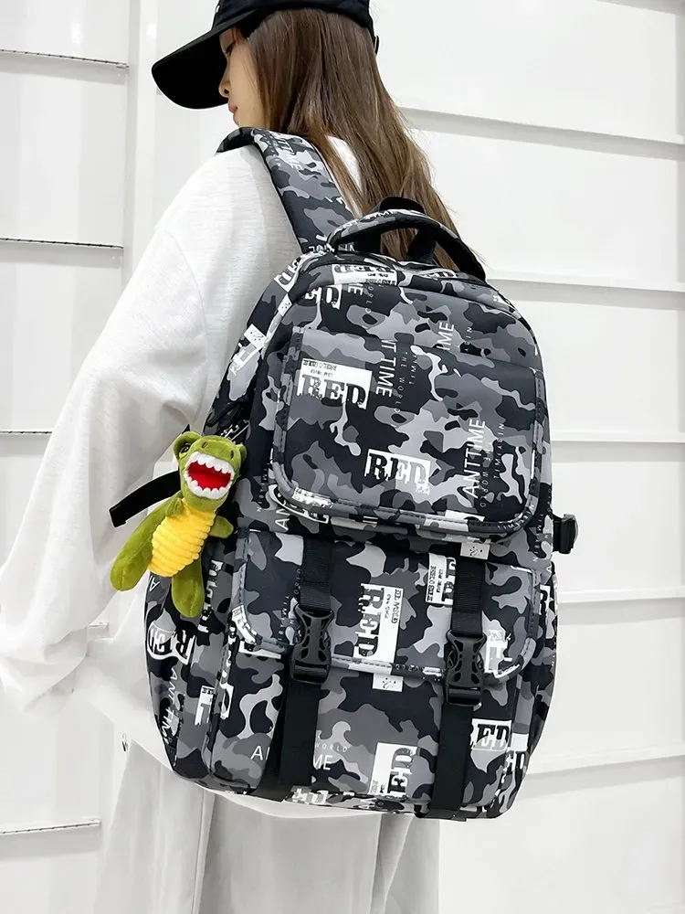 Tas Ransel Wanita Bahan Nylon Motif Camouflage Warna Hitam Bentuk Kotak Tali Grosir Import
