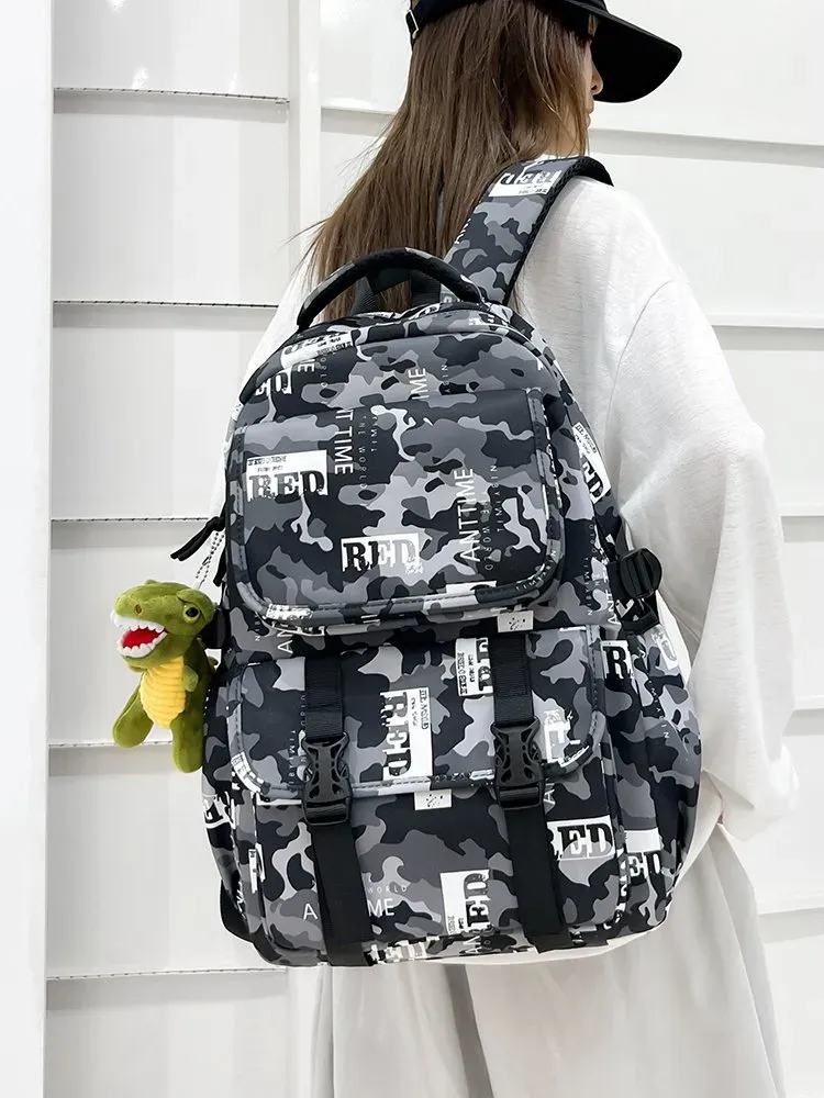 Tas Ransel Wanita Bahan Nylon Motif Camouflage Warna Hitam Bentuk Kotak Tali Grosir Import