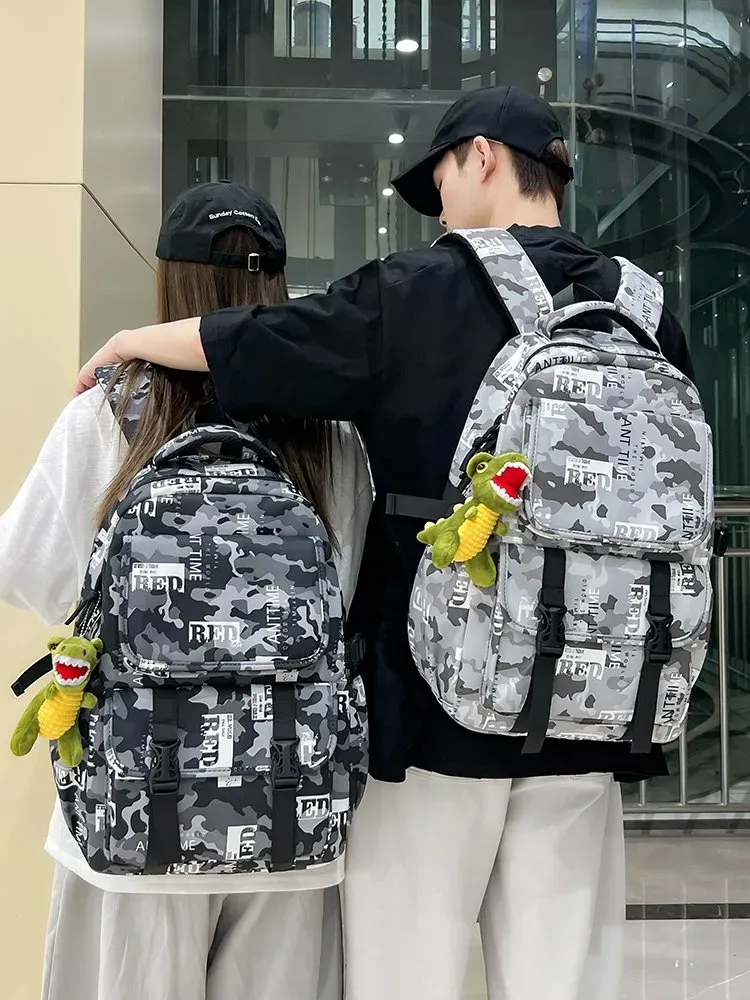 Tas Ransel Wanita Bahan Nylon Motif Camouflage Warna Hitam Bentuk Kotak Tali Grosir Import