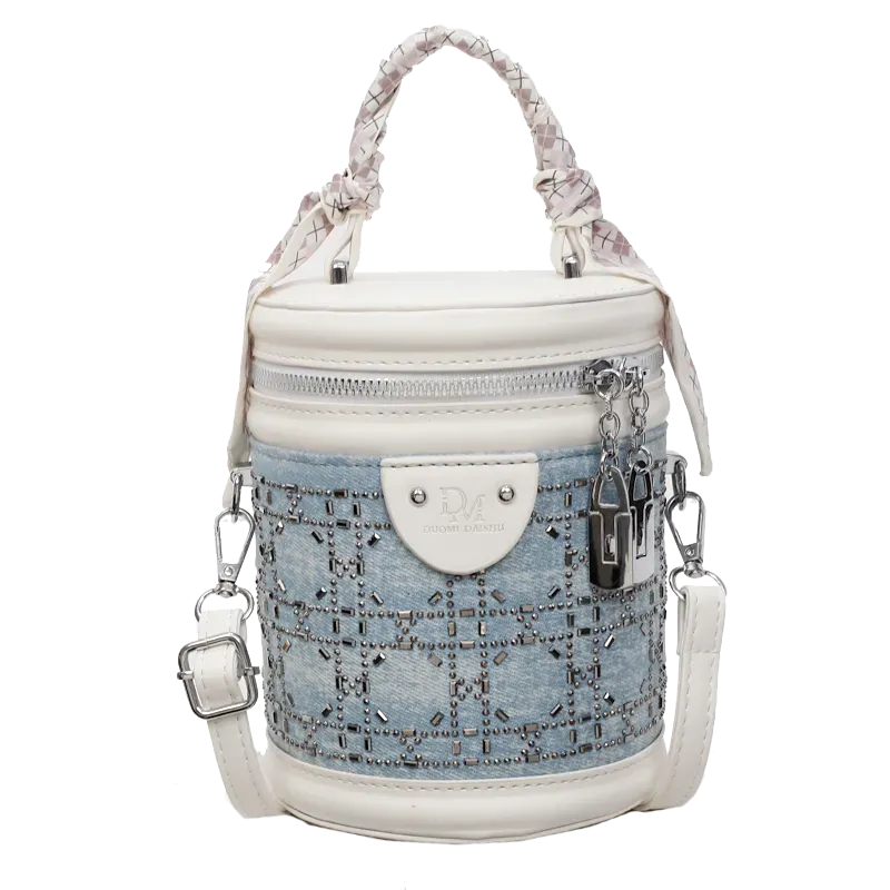 Tas Selempang Wanita Bahan PU Sintetis Motif Print Warna Putih Bentuk Bulat Tali Resleting