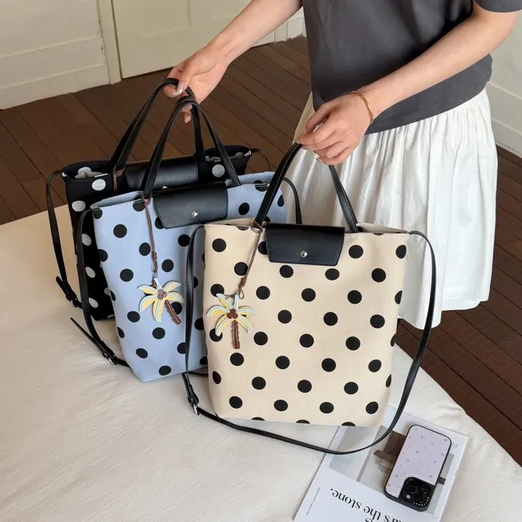 Tas Bucket Wanita Bahan Kanvas Motif Polkadot Warna Hitam Bentuk Bucket Tali Grosir Import
