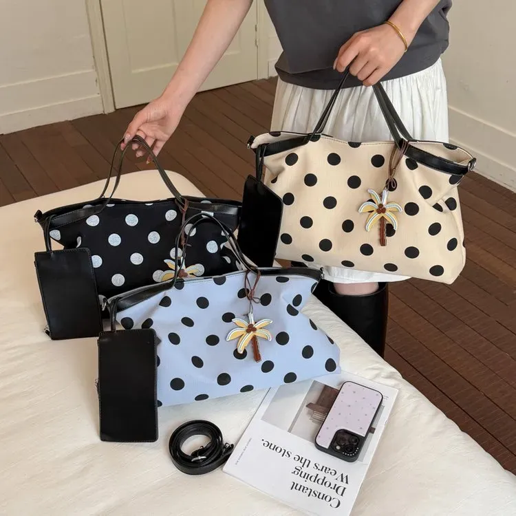 Tas Bucket Wanita Bahan Kanvas Motif Polkadot Warna Hitam Bentuk Bucket Tali Grosir Import
