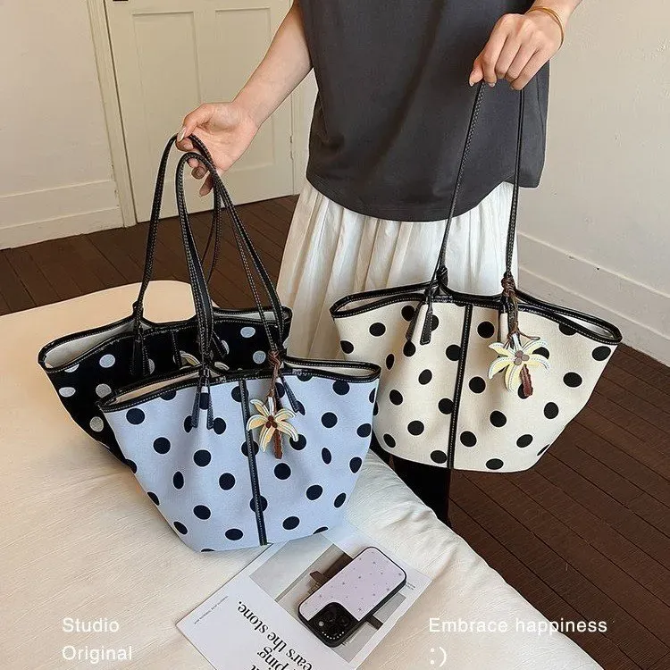 Tas Bucket Wanita Bahan Kanvas Motif Polkadot Warna Hitam Bentuk Bucket Tali Grosir Import